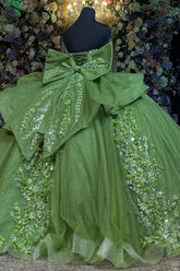Sage Green Quinceanera Dress Strapless Beaded Tulle Ball Gown with Shawl & Bow for Sweet 16 & Formal Events